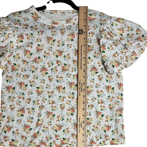 Womens Floral Puff Sleeve T Shirt Top Cute Casual Short Sleeve Round Neck - Picture 5 of 6
